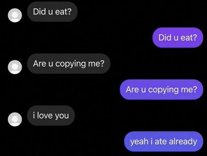 A text message conversation shows repeated phrases. One person asks Did u eat? followed by Are u copying me? A funny meme.