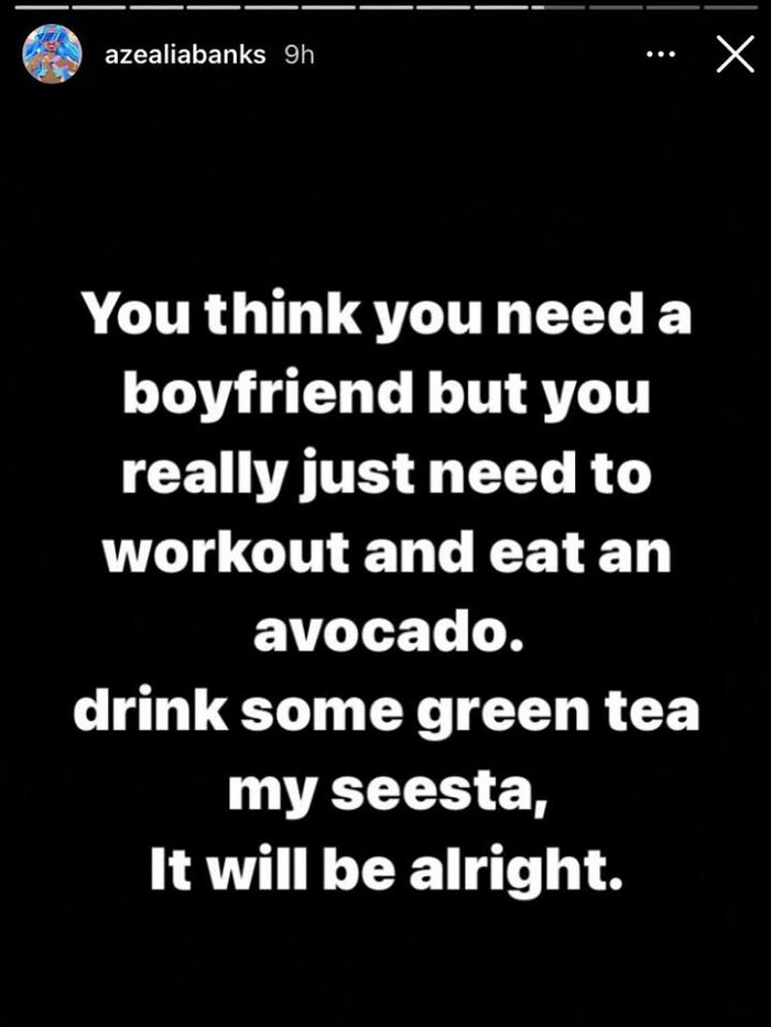 A social media post with text that says You think you need a boyfriend but you really just need to workout and eat an avocado. A funny meme.