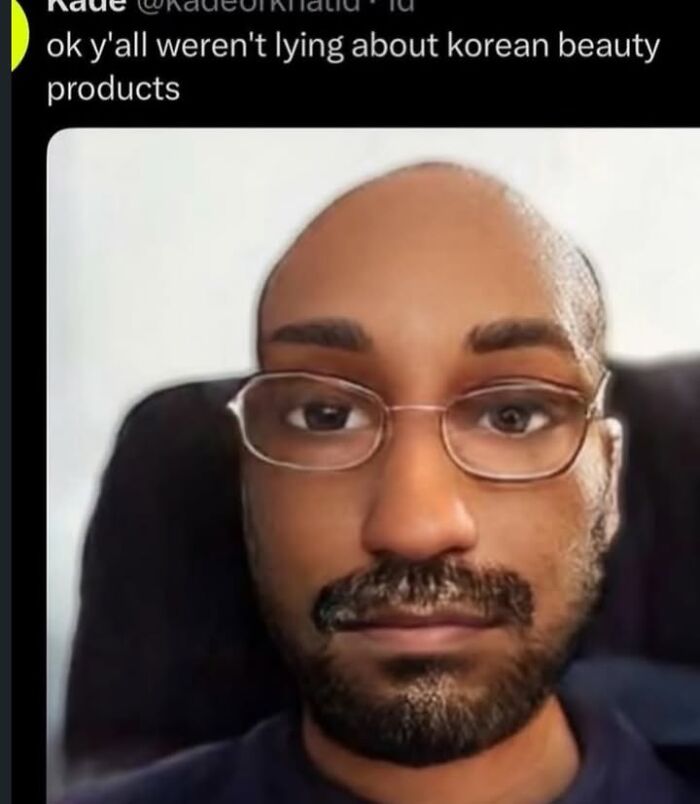 A funny meme featuring a man with exaggeratedly smooth skin and wide eyes, illustrating a reaction to Korean beauty products.