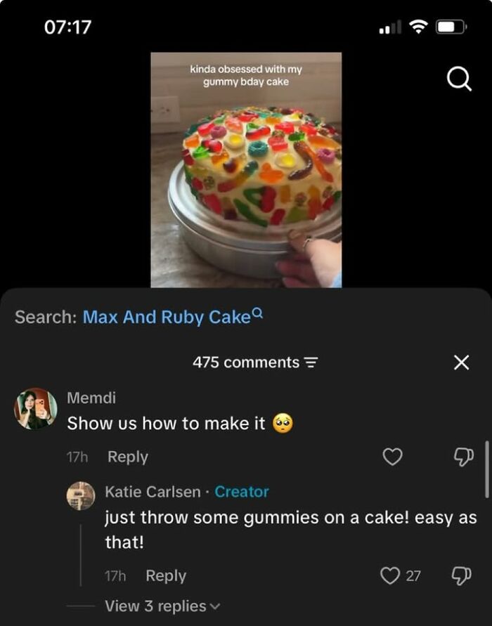 A funny meme featuring a colorful gummy birthday cake with comments, offering humorous distraction from life.