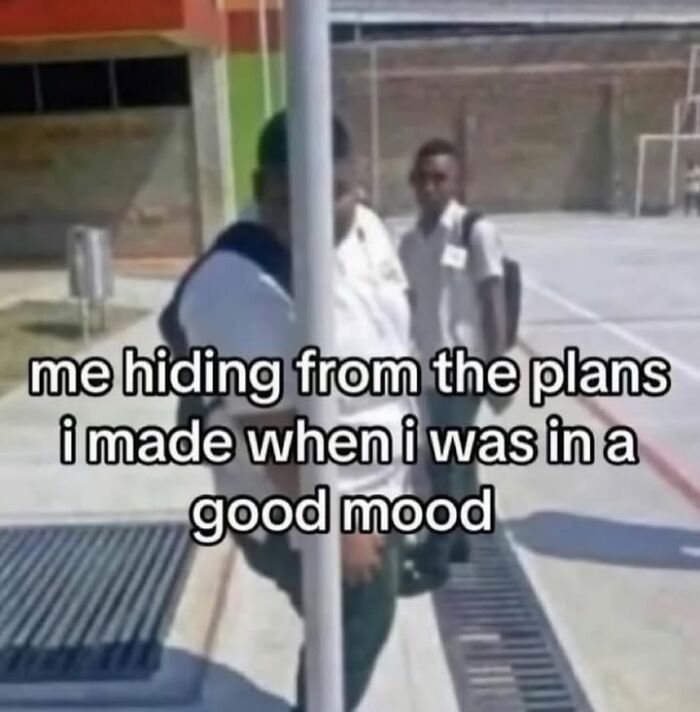 A funny meme shows a person hiding behind a pole, with text about avoiding plans made in a good mood.