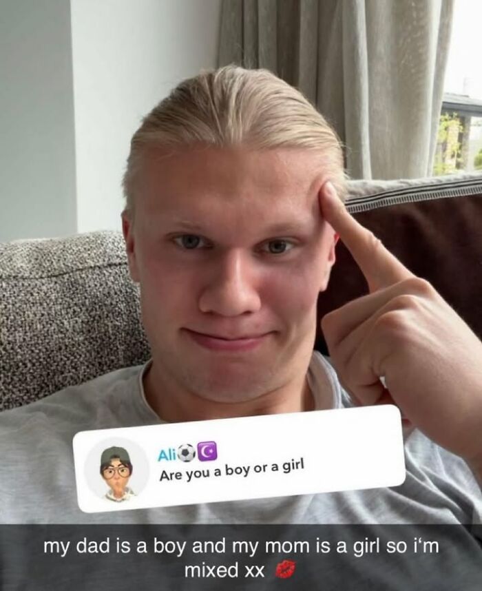 A funny meme displays a man pointing to his head, with a Snapchat message asking about gender and his reply about being mixed.