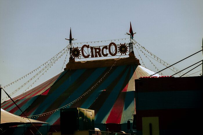 A circus tent with the word CIRCO on top, featuring colorful stripes, showing absurd and hilarious things.
