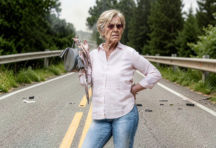 An older woman with sunglasses and a handbag standing in the middle of a road, experiencing absurd things firsthand.
