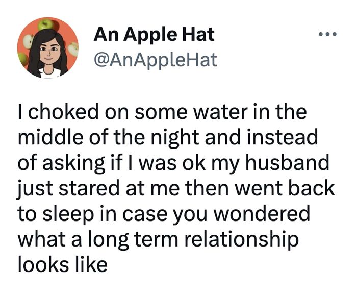 A surprisingly honest post about a husband's reaction to choking, illustrating a long-term relationship.