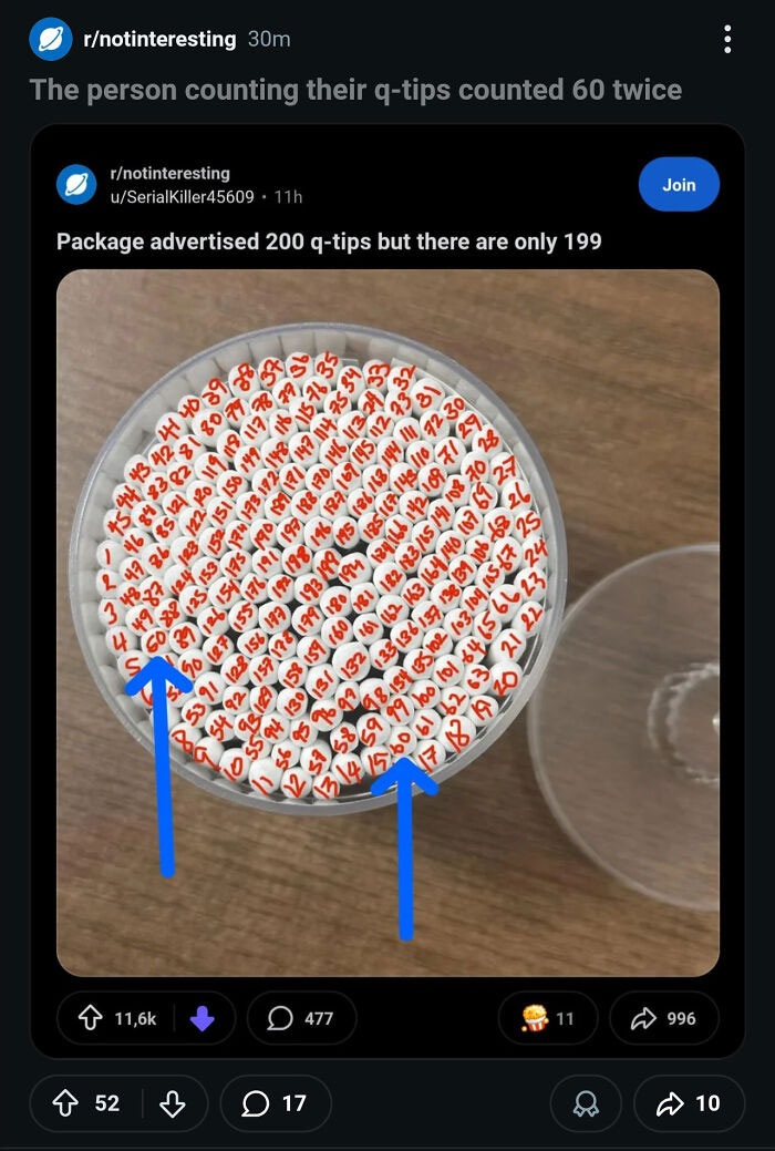 A Reddit post showing a container of q-tips with numbers written on them, highlighting the number 60 counted twice, from the Not Interesting community.