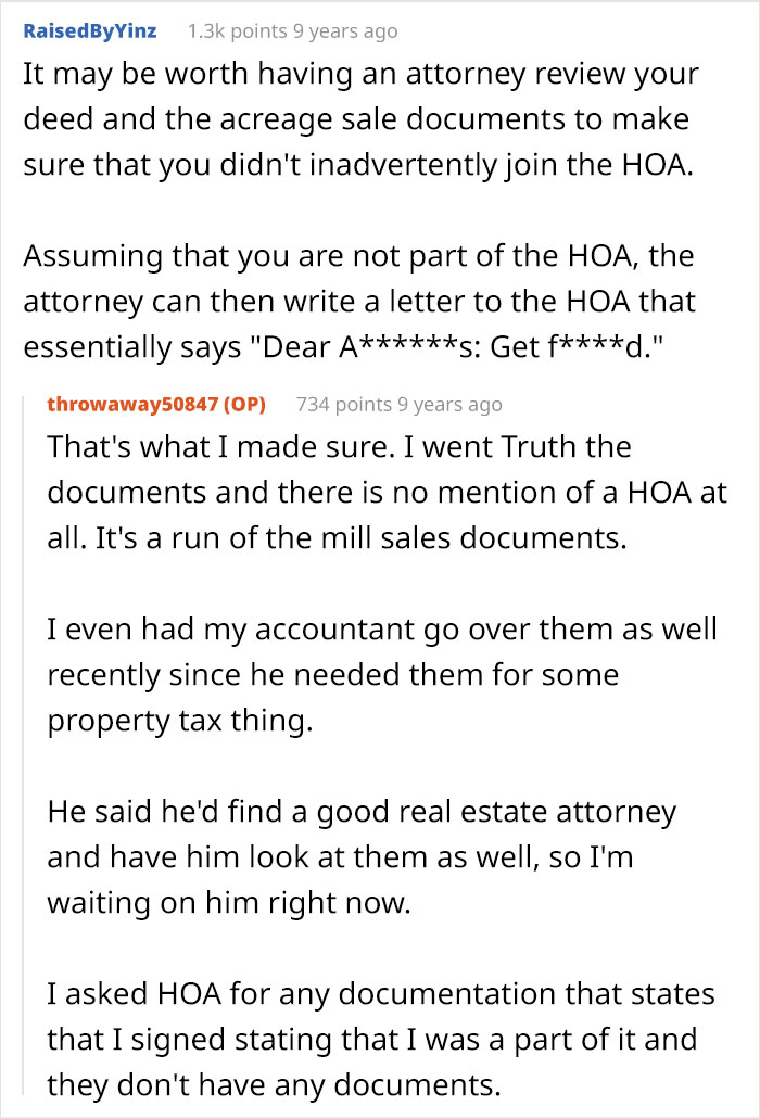 An attorney reviews a resident's deed and sale documents to confirm no HOA enrollment and advises a letter.