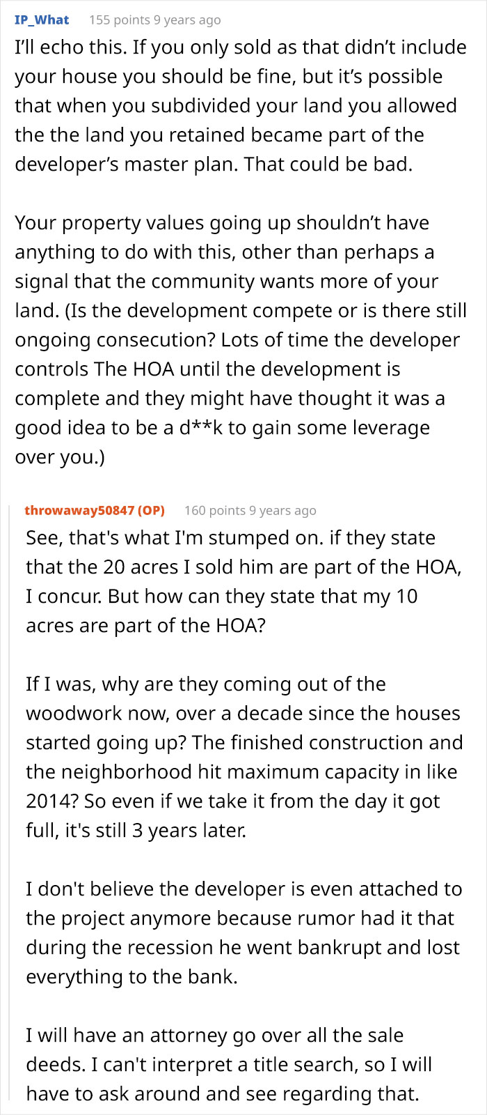 Discussion about a resident's property, subdivision, and potential HOA scheme. The resident questions HOA claims.
