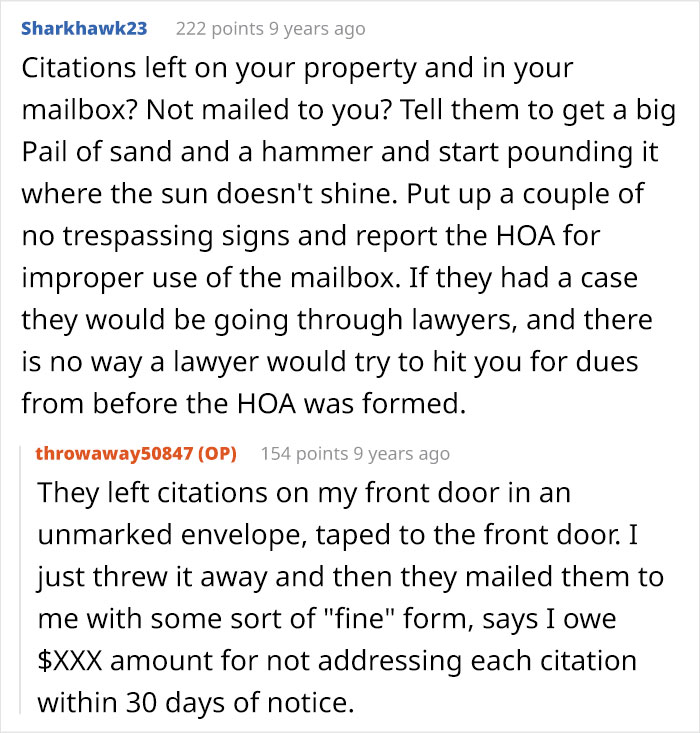 Discussion about HOA citations left on a resident's property and mailbox, advice to report improper use.