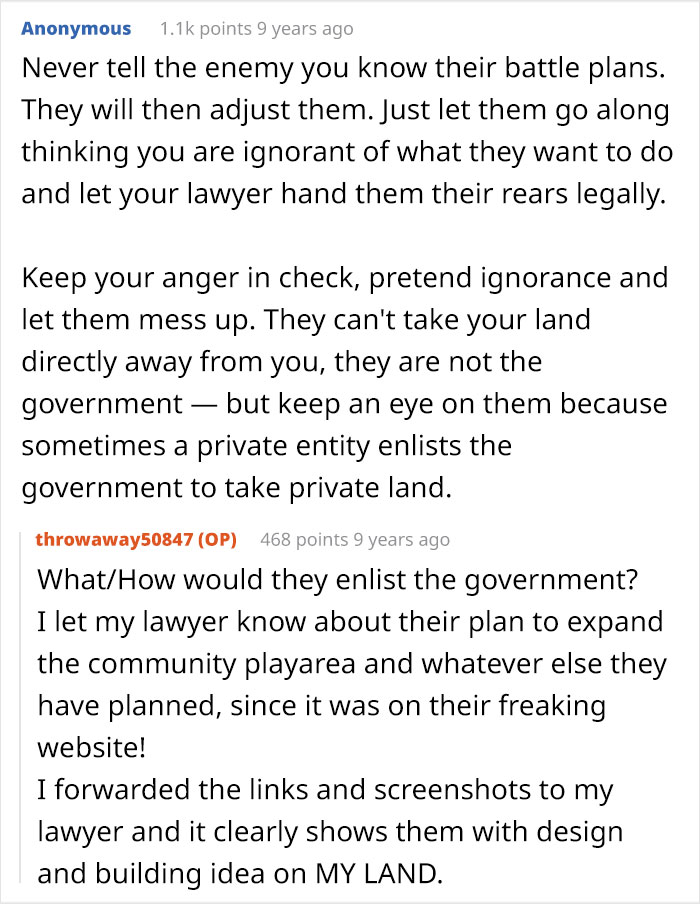 A Reddit thread discussing an HOA resident uncovering a secret scheme to take their land.