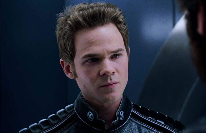 Close-up of X-Men actor Shawn Ashmore as Iceman in a black leather suit. Close-up of X-Men actor Shawn Ashmore as Iceman in a black leather suit.