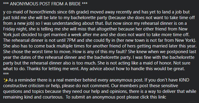An anonymous social media post from a bride complaining about her maid of honor missing her bachelorette party and rehearsal dinner for her wedding day.