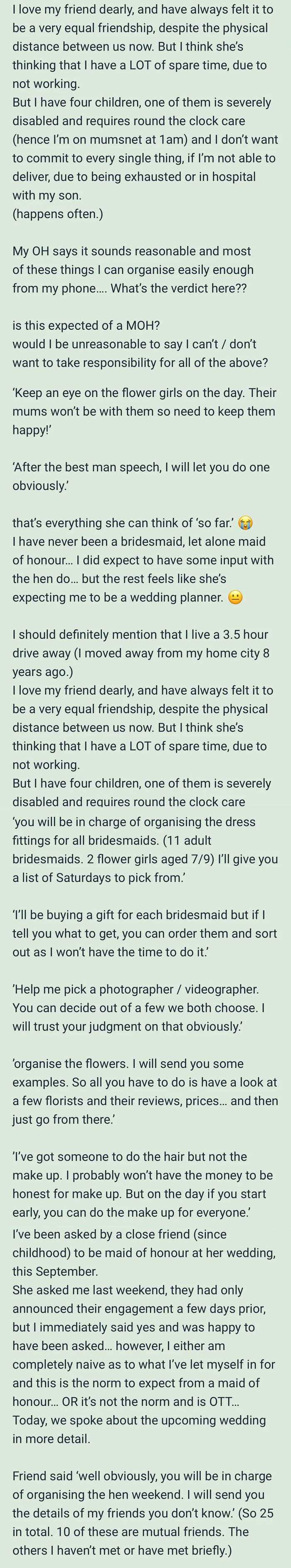 A long list of comments from various people, giving advice to a bride about her maid of honor for her wedding day.