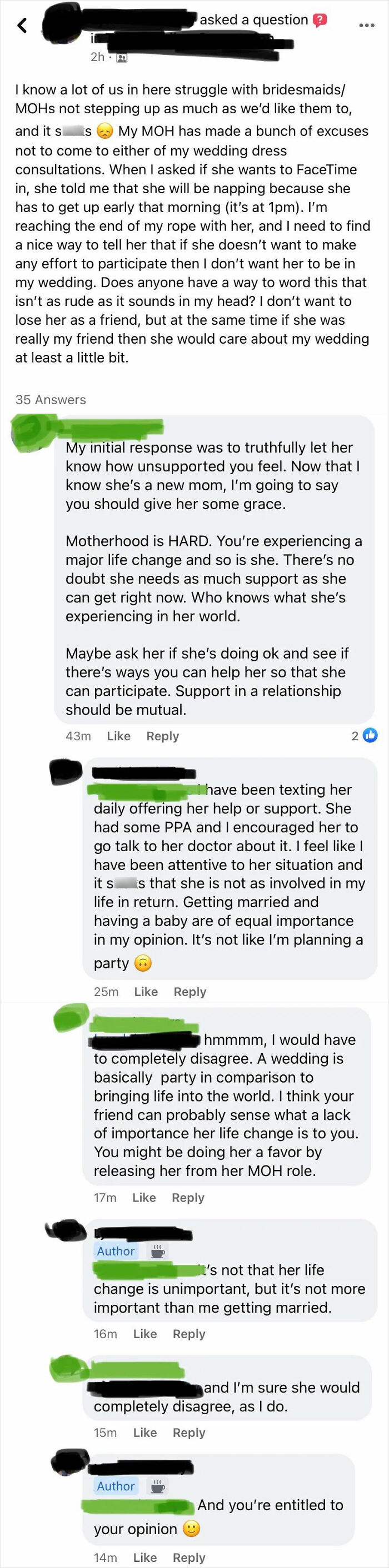 A screenshot of a lengthy social media post about a bride complaining about her maid of honor, with various comments from other users.