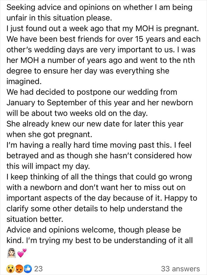 A screenshot of a social media post from a bride, seeking advice after her maid of honor got pregnant and her due date is too close to the postponed wedding, a potential wedding nightmare.