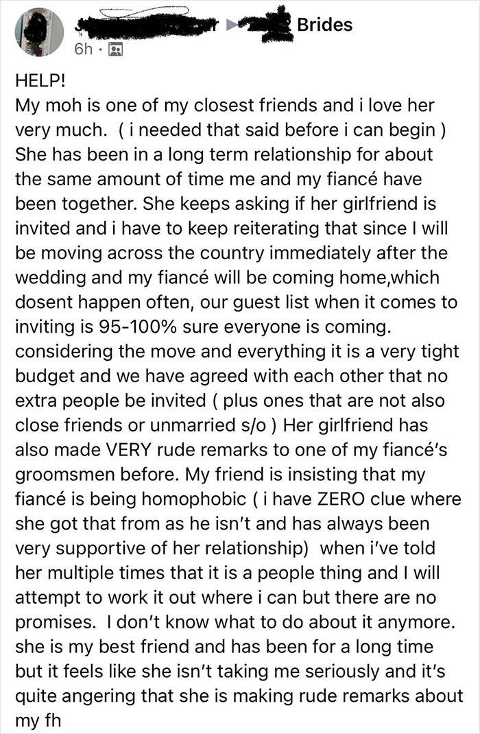 A screenshot of a social media post from a bride-to-be, detailing a conflict with her maid of honor regarding her girlfriend's invitation and rude remarks, a true wedding nightmare.