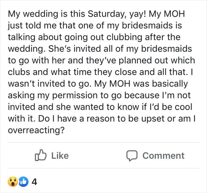 A screenshot of a social media post from a bride, expressing her upset about bridesmaids planning to go clubbing after the wedding without her, making it a wedding nightmare.