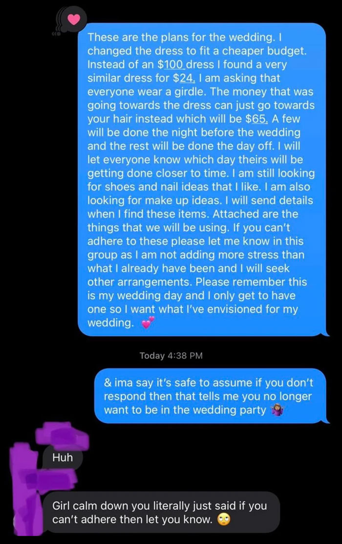 A text message conversation where a bride details strict wedding demands and threatens to remove non-compliant guests.