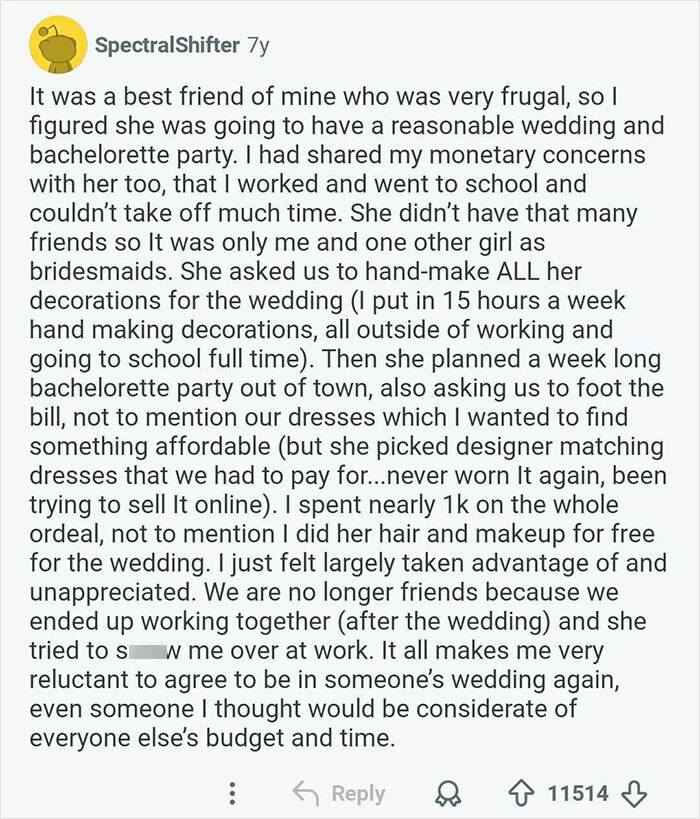 A social media post detailing a user's experience with a demanding bride and a nightmare wedding planning process.