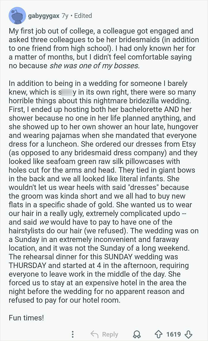 A lengthy social media post describing a bridesmaid's ordeal with a 'nightmare bridezilla wedding' including strange dress choices.