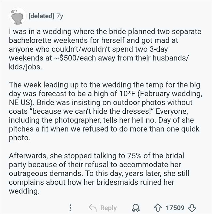 A Reddit post describing a bride's outrageous demands for her wedding day, including outdoor photos in freezing weather.