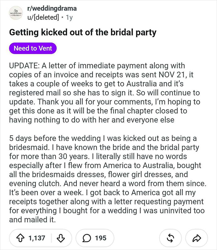 A screenshot of a Reddit post about a bride getting kicked out of a bridal party, detailing payment issues.