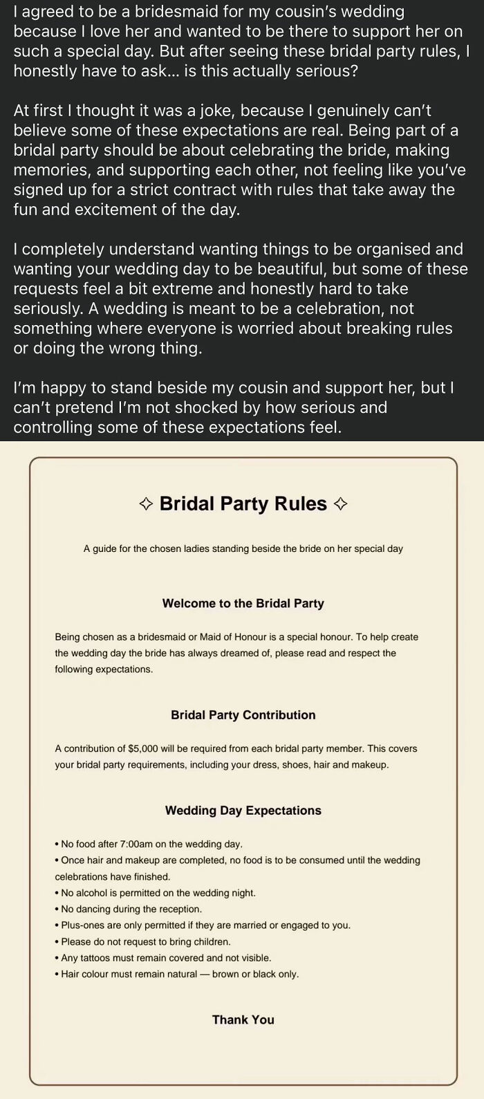 A screenshot of 'Bridal Party Rules' from a wedding, outlining strict expectations and a financial contribution.