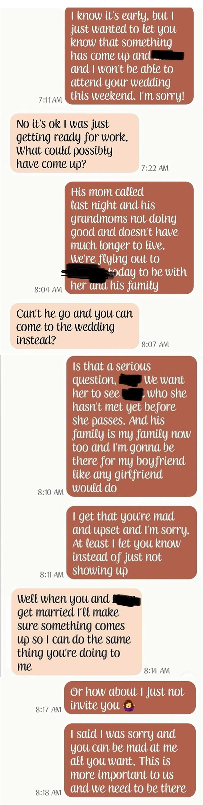 A text message conversation showing a bride's frustration after a friend cancels attending her wedding to visit a sick family member.