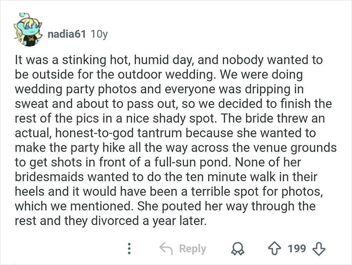 A Reddit comment describing a bride throwing a tantrum during her outdoor wedding day photoshoot, demanding specific photos.