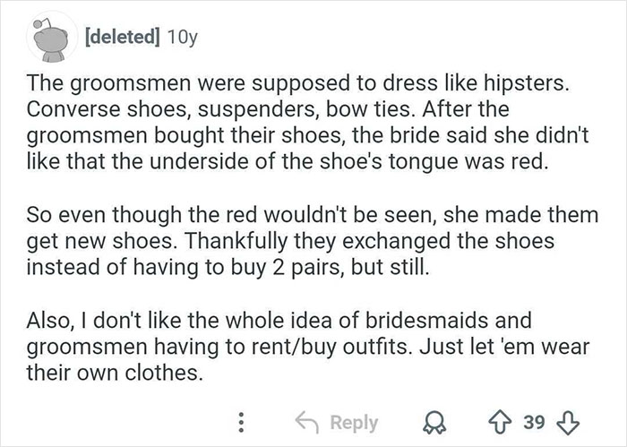 A Reddit post sharing a story about a bride who caused a wedding day nightmare over the color of shoe tongues for groomsmen.
