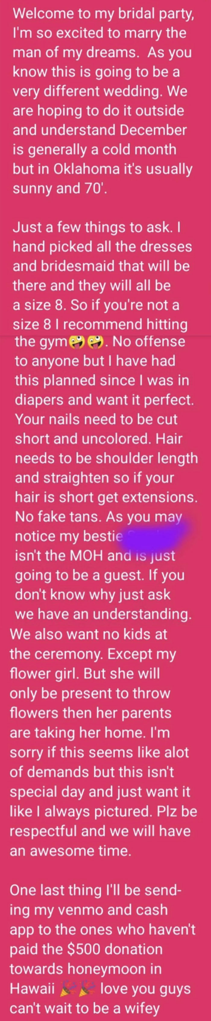 A demanding post from a bride detailing strict rules for her bridal party for her wedding day, including dress size and appearance.