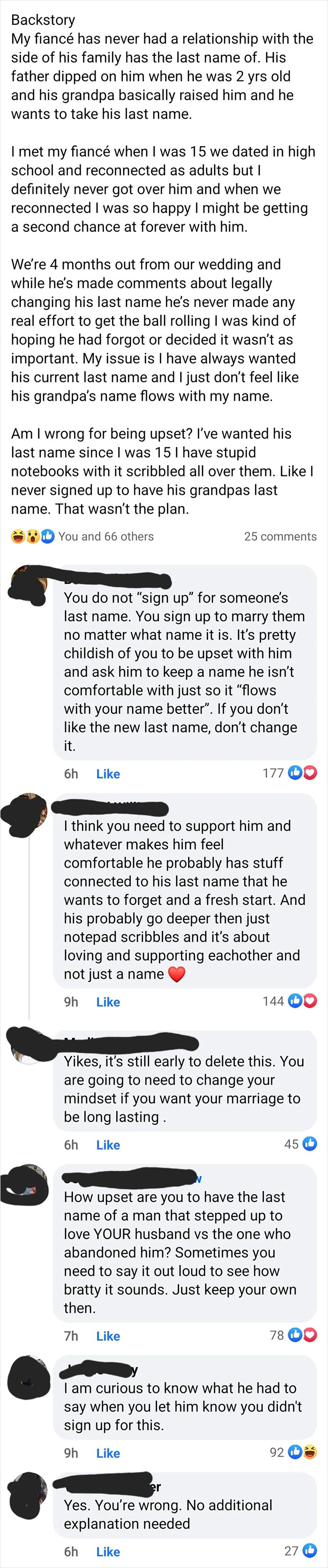 A Reddit thread discussing a bride's desire for her fiancé to change his last name for their wedding day.