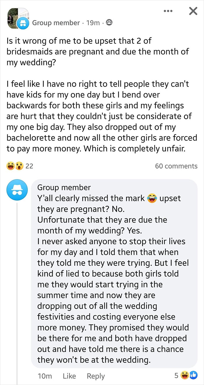 A group member post asking if it's wrong to be upset about pregnant bridesmaids, contributing to a wedding day nightmare.