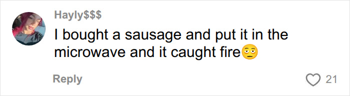 A comment stating, I bought a sausage and put it in the microwave and it caught fire, exposing fake foods Americans eat everyday. A comment stating, I bought a sausage and put it in the microwave and it caught fire, exposing fake foods Americans eat everyday.
