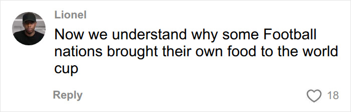 A social media comment from Lionel about football nations bringing their own food to the World Cup, exposing fake foods Americans eat everyday. A social media comment from Lionel about football nations bringing their own food to the World Cup, exposing fake foods Americans eat everyday.