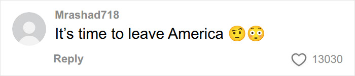 A TikTok comment from Mrashad718 expressing disbelief, It's time to leave America, regarding fake foods Americans eat. A TikTok comment from Mrashad718 expressing disbelief, It's time to leave America, regarding fake foods Americans eat.