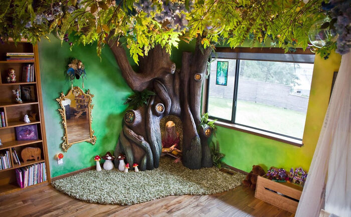 A whimsical DIY home project featuring a large, artistic tree with a hidden nook and lush foliage for a magical space transformation.
