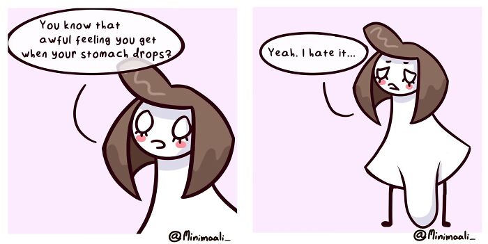 Minimaali comic portraying anxiety, a character asking about the awful feeling when your stomach drops.