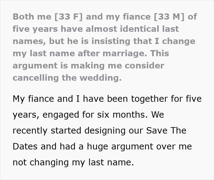 Text snippet describing an awkward time when a fiance insisted on a name change, sharing too much detail. Text snippet describing an awkward time when a fiance insisted on a name change, sharing too much detail.
