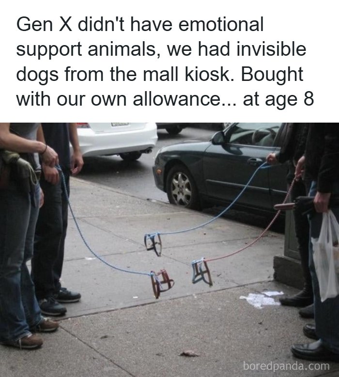 People walking invisible dogs on leashes, a funny '80s memory that reminds you of good times.