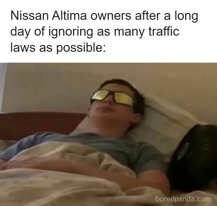Funny car meme showing a person in sunglasses sleeping, captioned Nissan Altima owners after ignoring traffic laws.