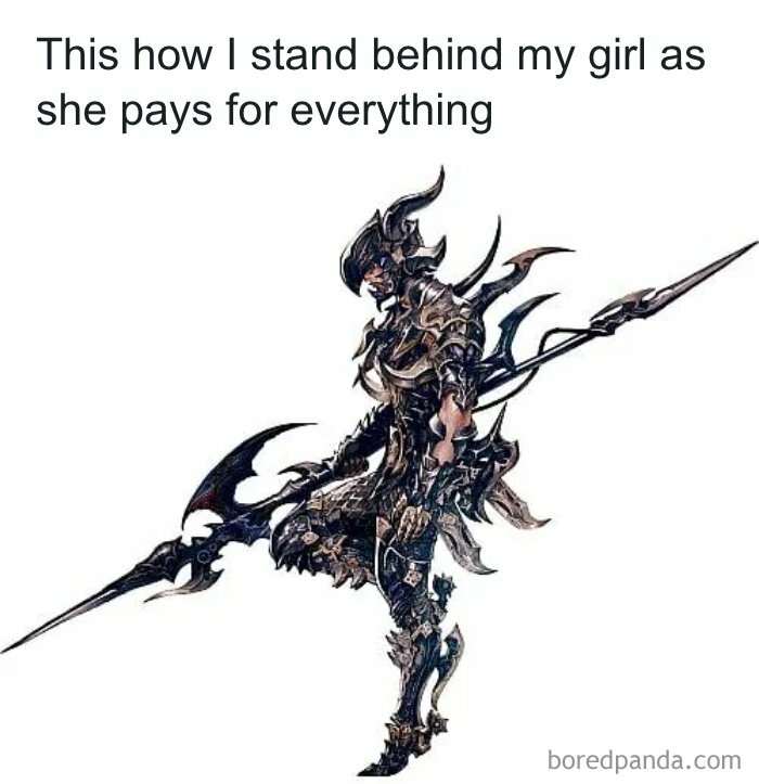 A meme of a warrior in full armor with a spear, illustrating standing behind someone. This meme can change your mood.