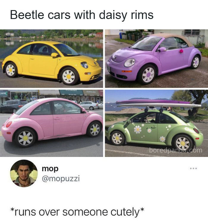 Four colorful Beetle cars with daisy rims, a cursed comment about running over someone cutely.