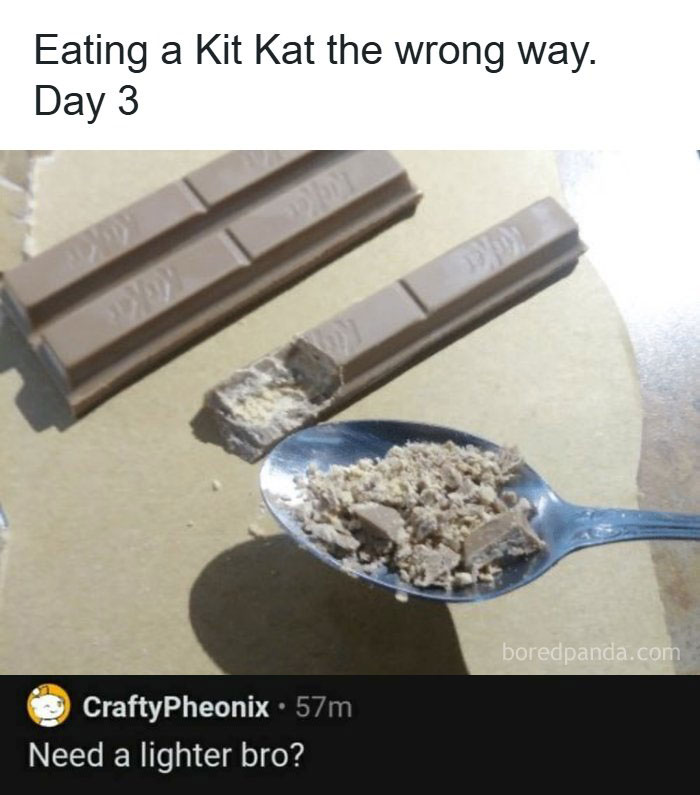 A Kit Kat bar being crumbled into a spoon, prompting a creative and cursed comment.