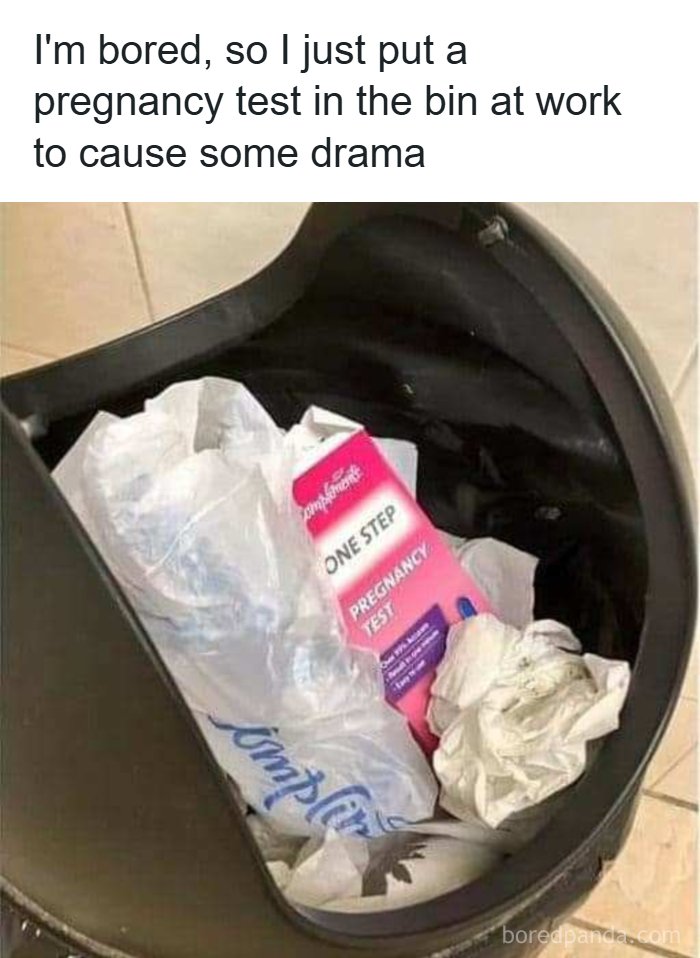 A discarded pregnancy test in a bin at work, a 'Meme Queen' post about causing drama.