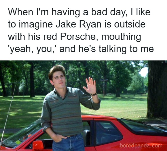 Jake Ryan from the '80s movie, leaning on a red Porsche, waving, a nostalgic reminder of good times.