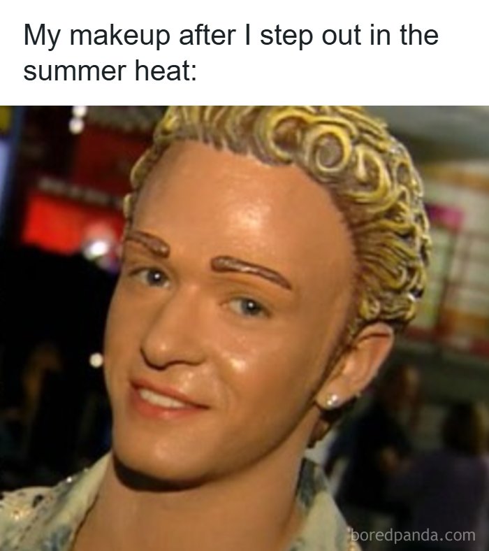 A meme queen post showing a wax figure with melted makeup, illustrating the effect of summer heat.