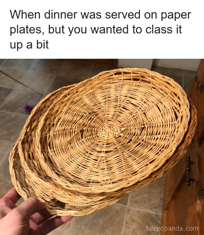 A hand holding several woven paper plate holders, a nostalgic item from the 80s that brings back good times.