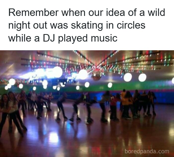 A blurred image of people roller skating in an arena with disco lights, evoking a fun '80s night out.