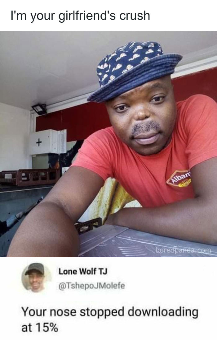 A man in a hat with a unique nose shape, inspiring a creative and cursed comment about its download status.
